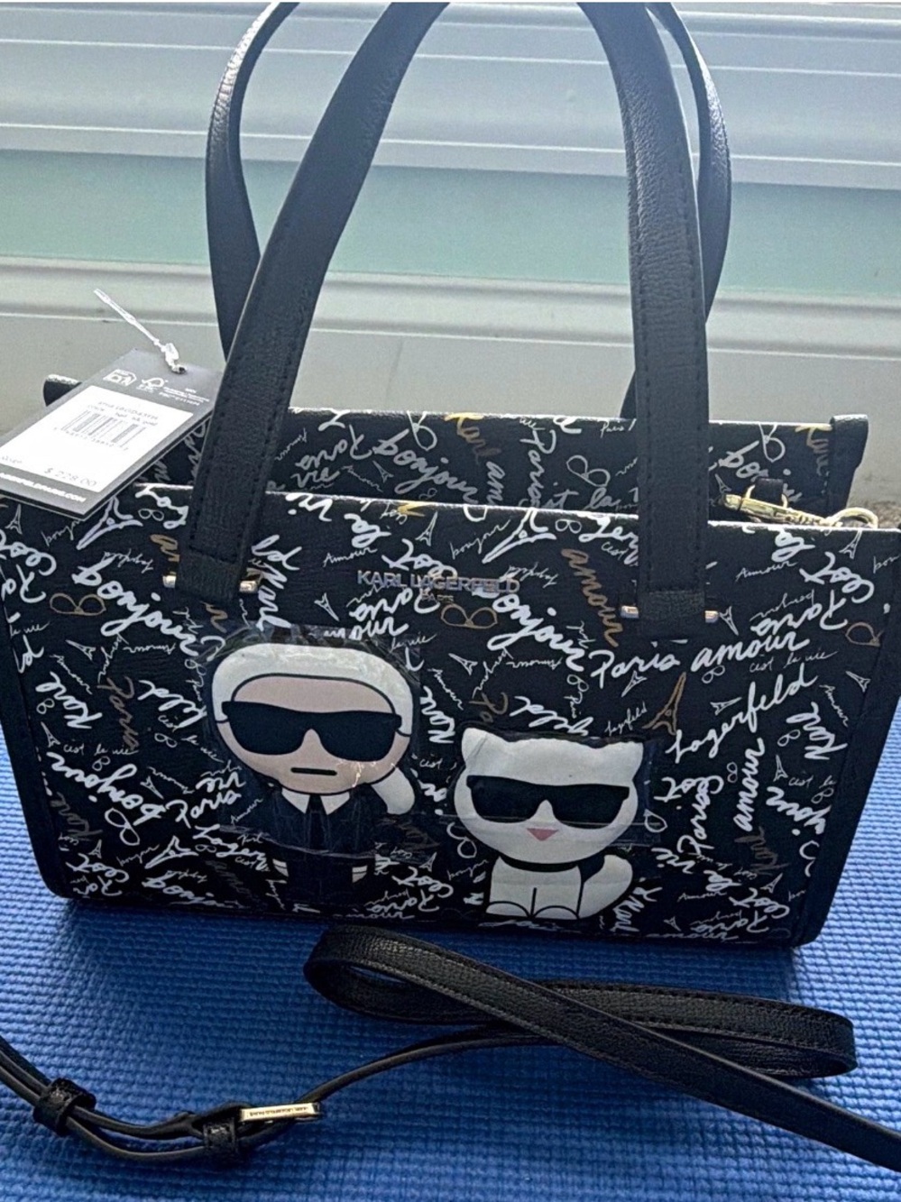NEW W TAG KARL LAGERFELD PARIS BlackWhite Script Graphic Print Satchel Crossbody